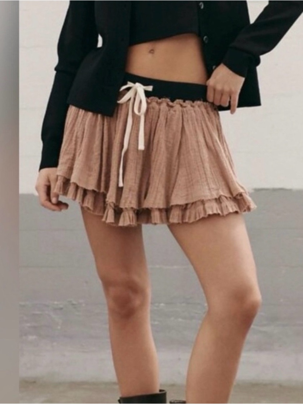 Free People Rust Brown Ruffle Mini Skirt with Black Waistband. NWT